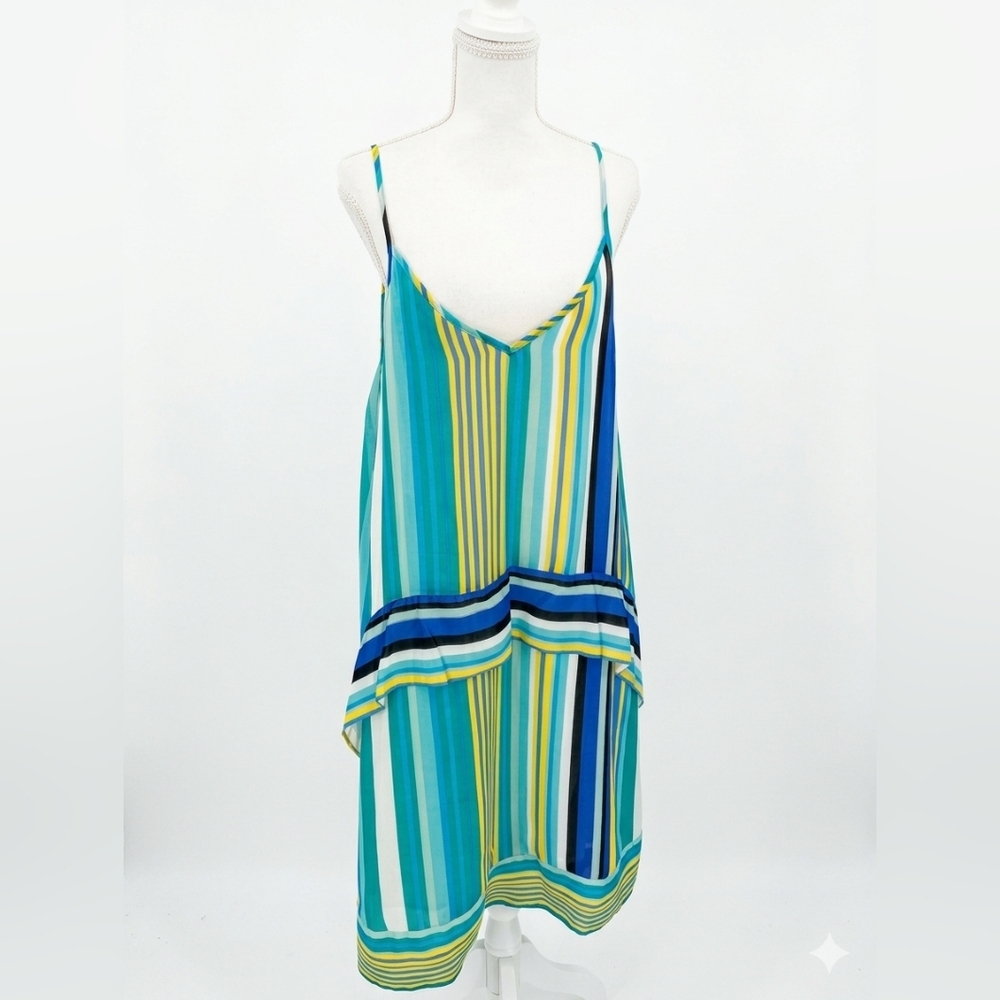 Striped‎ Teal & Yellow Summer Slip Dress Anouk Grewal Size L Euc